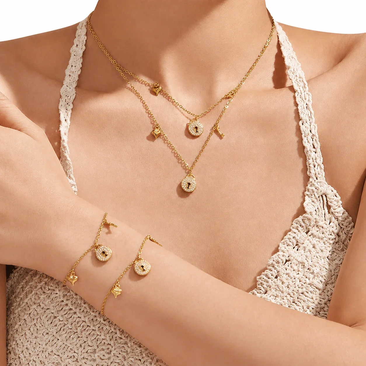 Dainty 18K Gold-Plated Stainless Steel Pavé Lock Key Jewelry Set