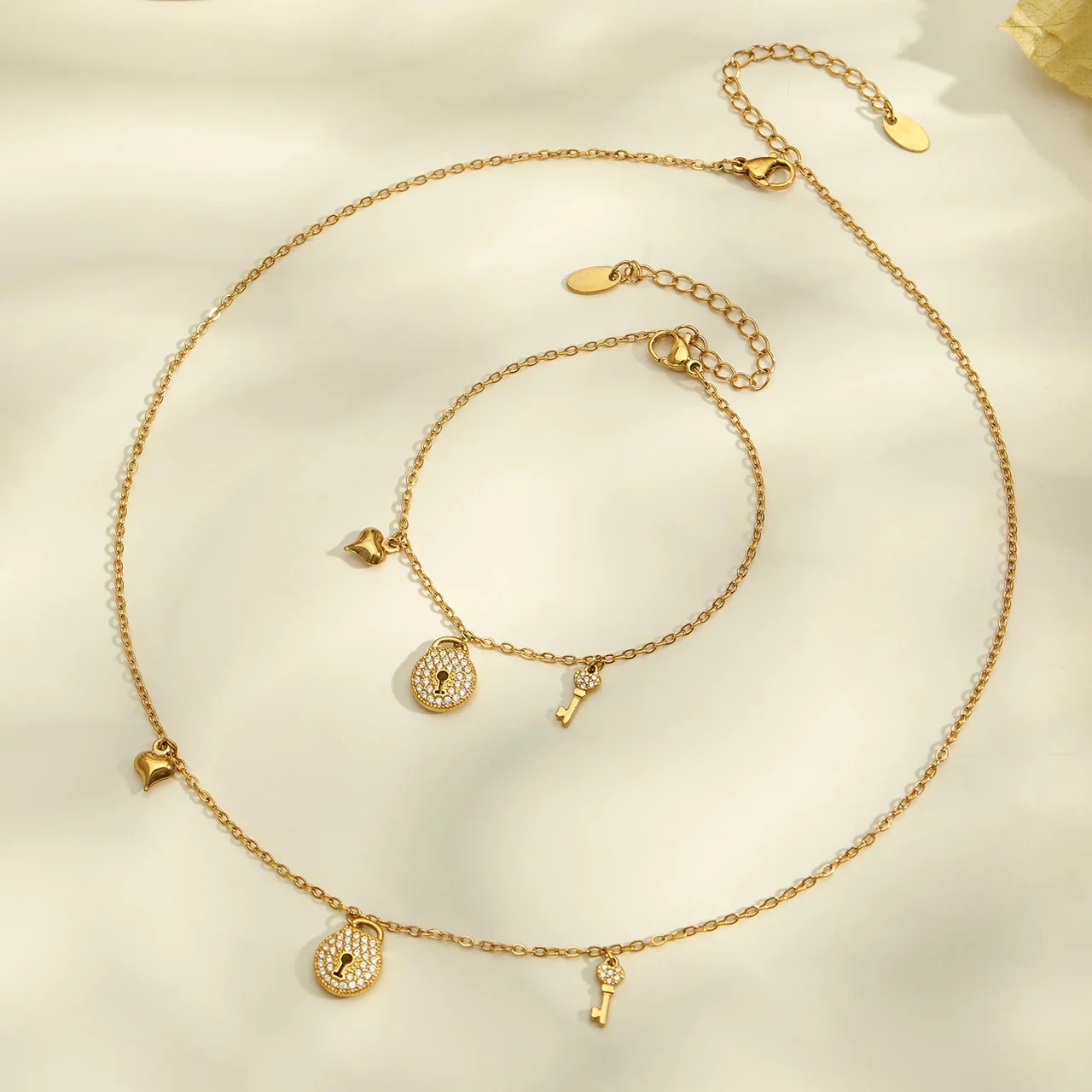 Dainty 18K Gold-Plated Stainless Steel Pavé Lock Key Jewelry Set