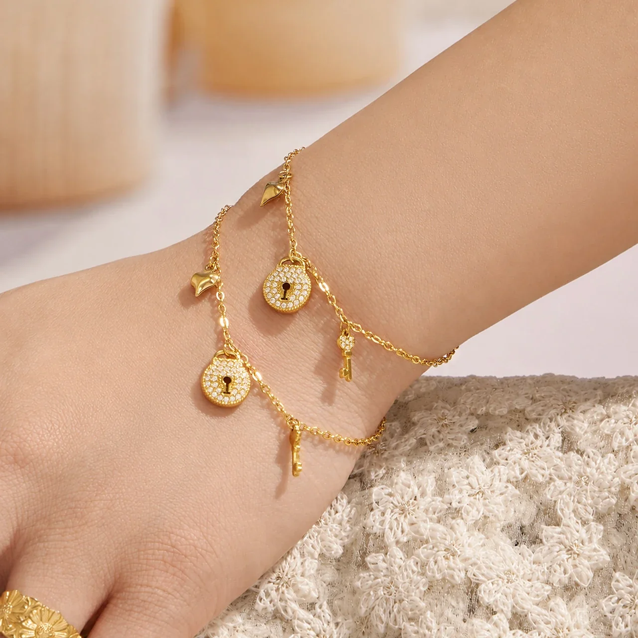 Dainty 18K Gold-Plated Stainless Steel Pavé Lock Key Jewelry Set