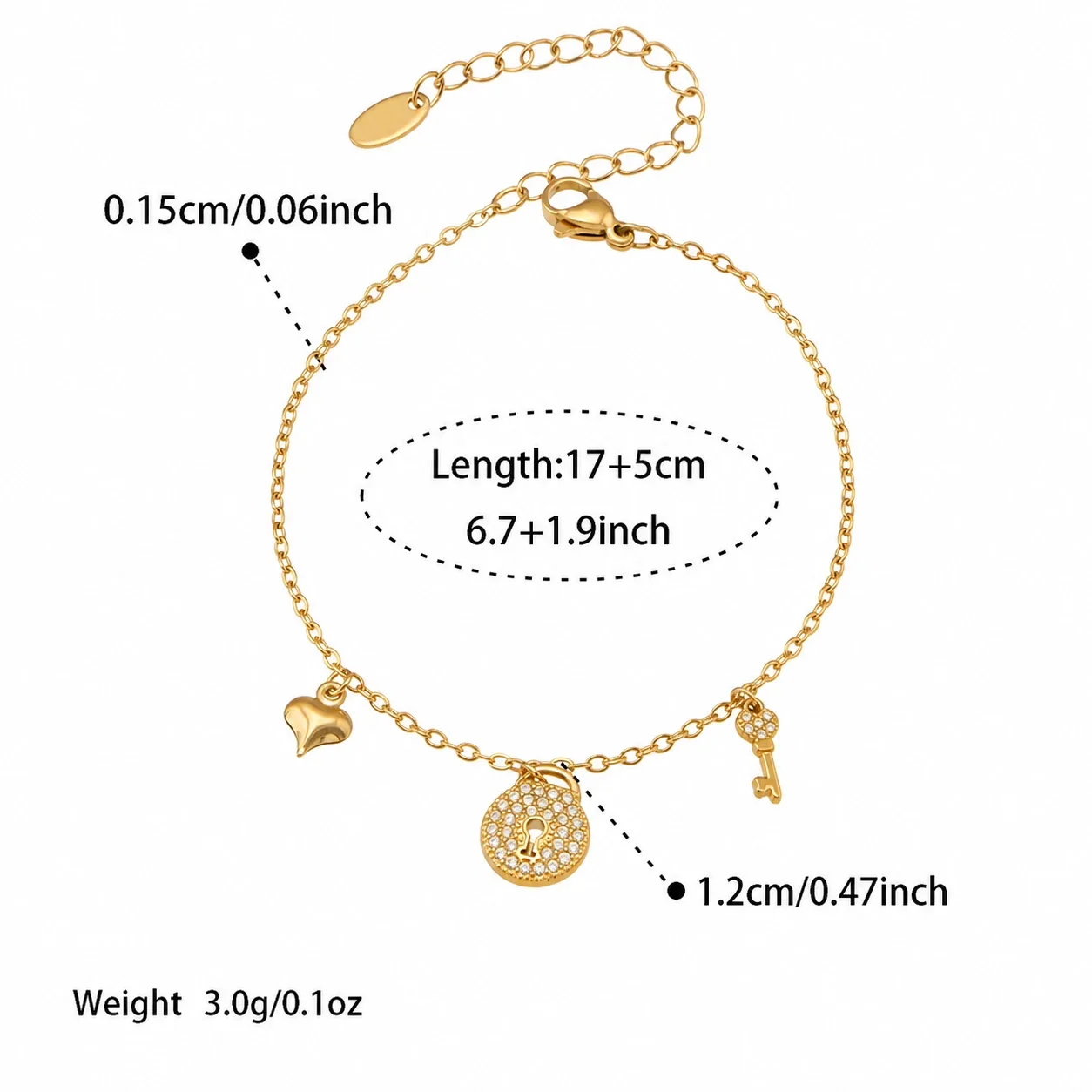 Dainty 18K Gold-Plated Stainless Steel Pavé Lock Key Jewelry Set - Gold CZ Lock 17+5 cm