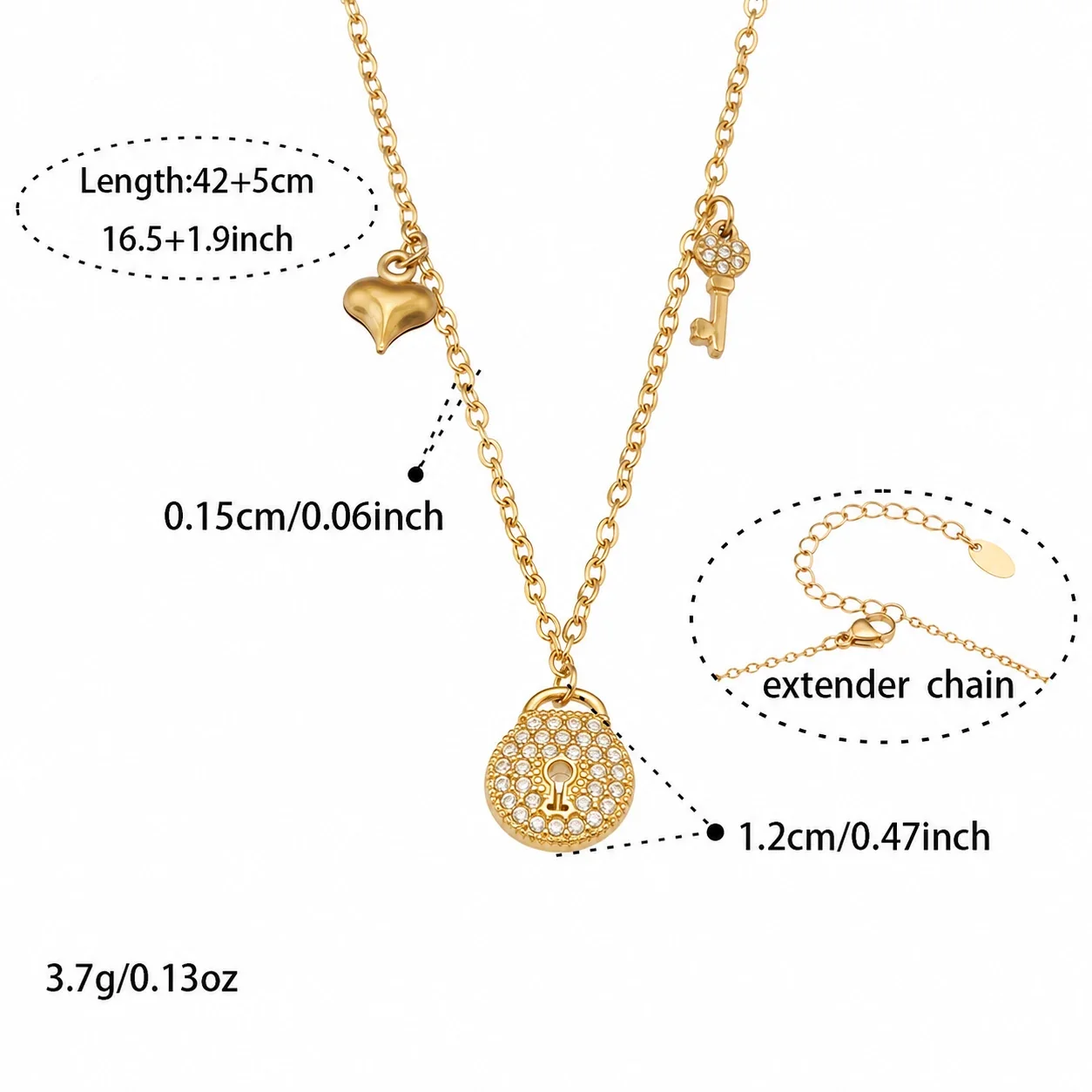 Dainty 18K Gold-Plated Stainless Steel Pavé Lock Key Jewelry Set - Gold CZ Lock 42+5 cm
