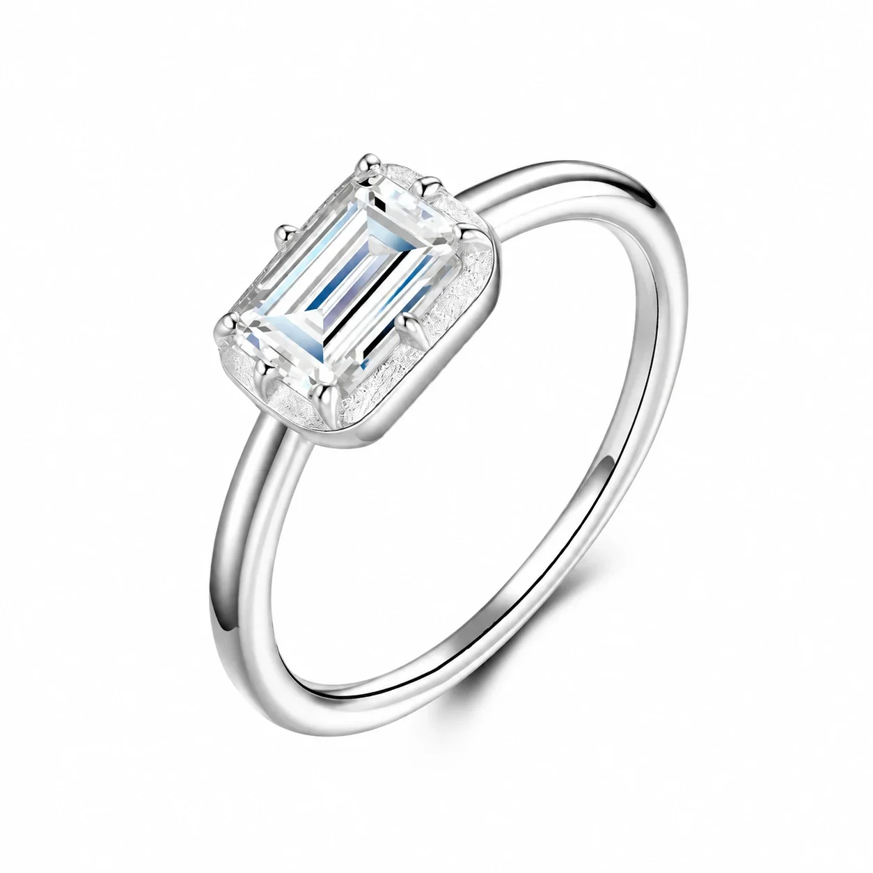 Geometric 925 Sterling Silver Emerald-Cut Prong-Set Ring
