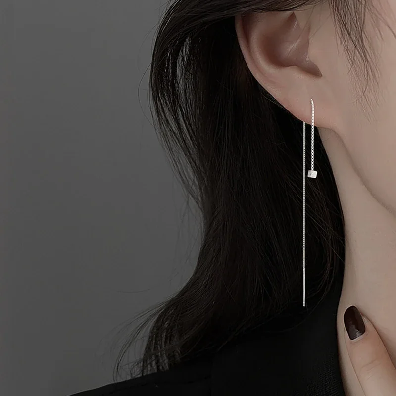 Brushed Square 925 Sterling Silver Threader Earrings