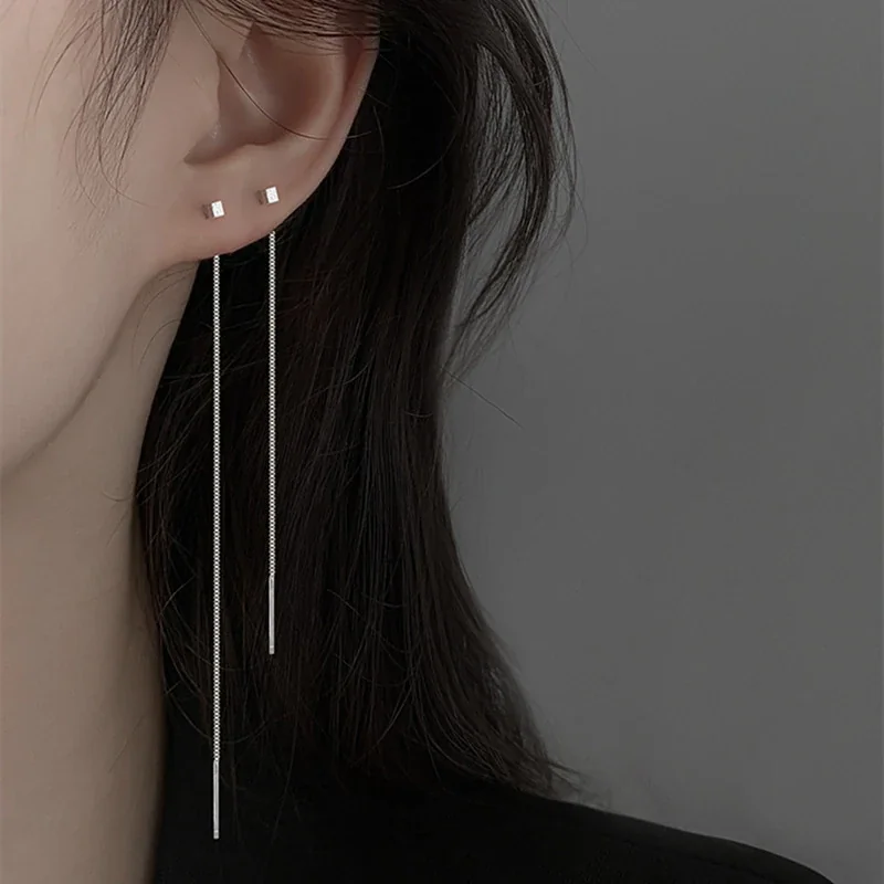 Brushed Square 925 Sterling Silver Threader Earrings