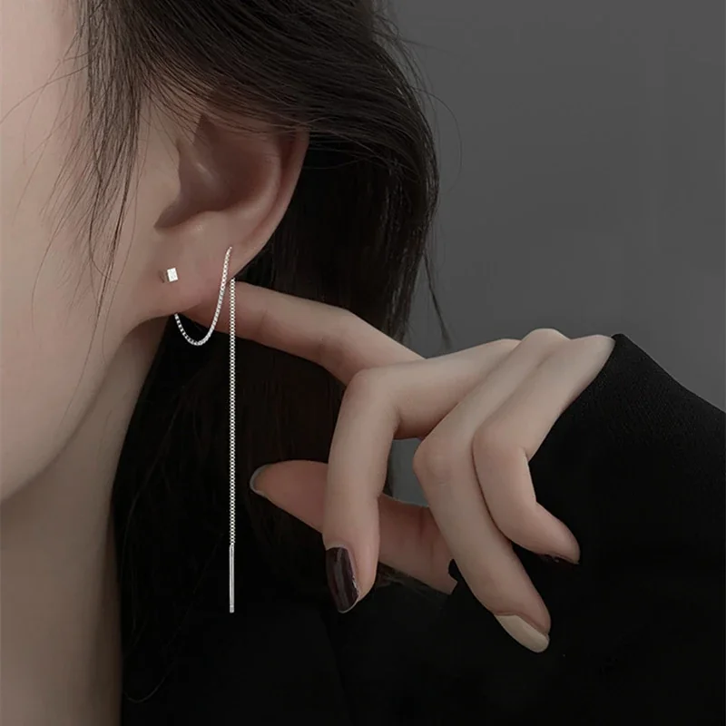 Brushed Square 925 Sterling Silver Threader Earrings