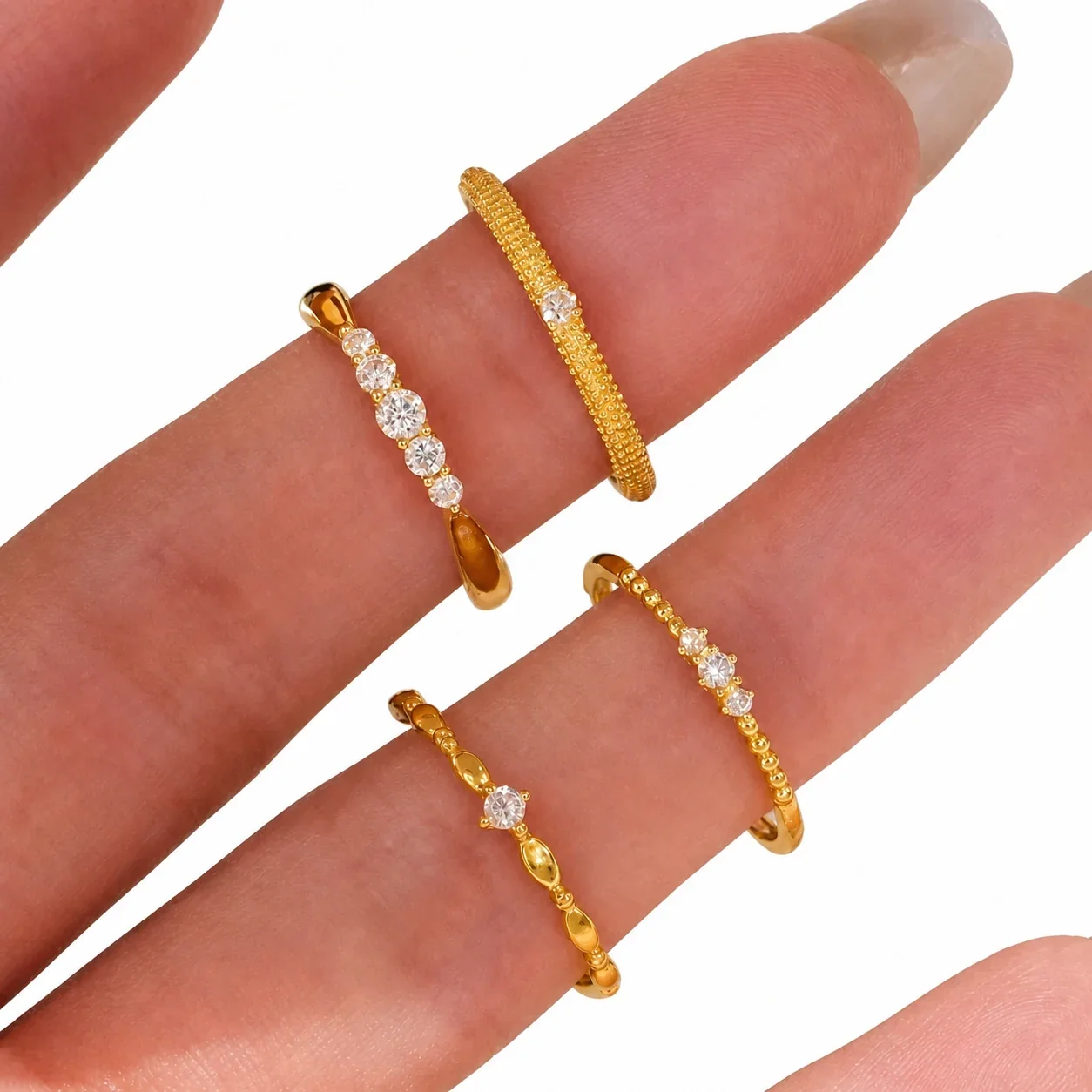 Delicate Round CZ Gold-Plated Copper Beaded Open Ring