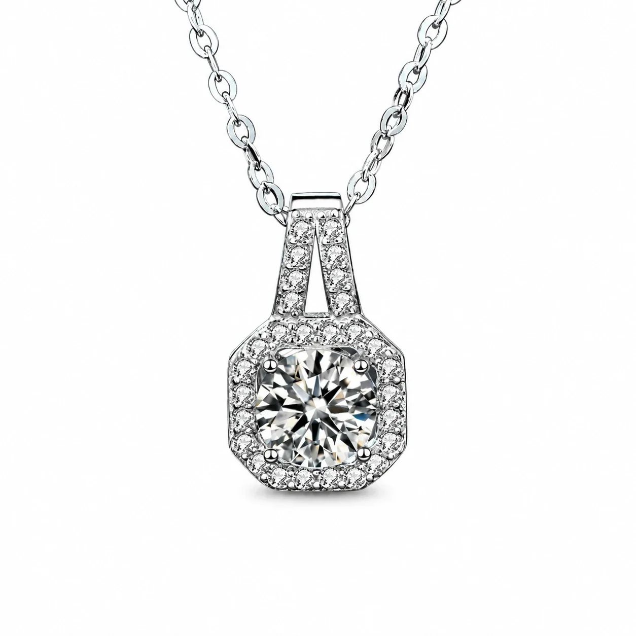 Radiant 925 Sterling Silver Halo Round Moissanite Necklace