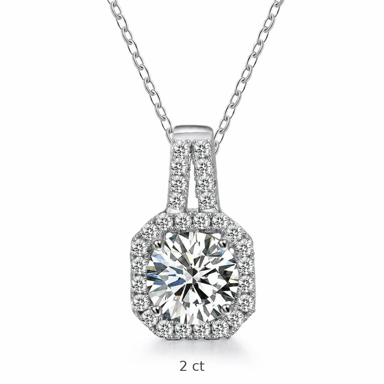Radiant 925 Sterling Silver Halo Round Moissanite Necklace - 2 ct Moissanite, Silver
