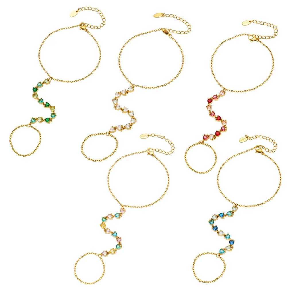 Radiant Gold-Plated Heart CZ Finger Chain Bracelet