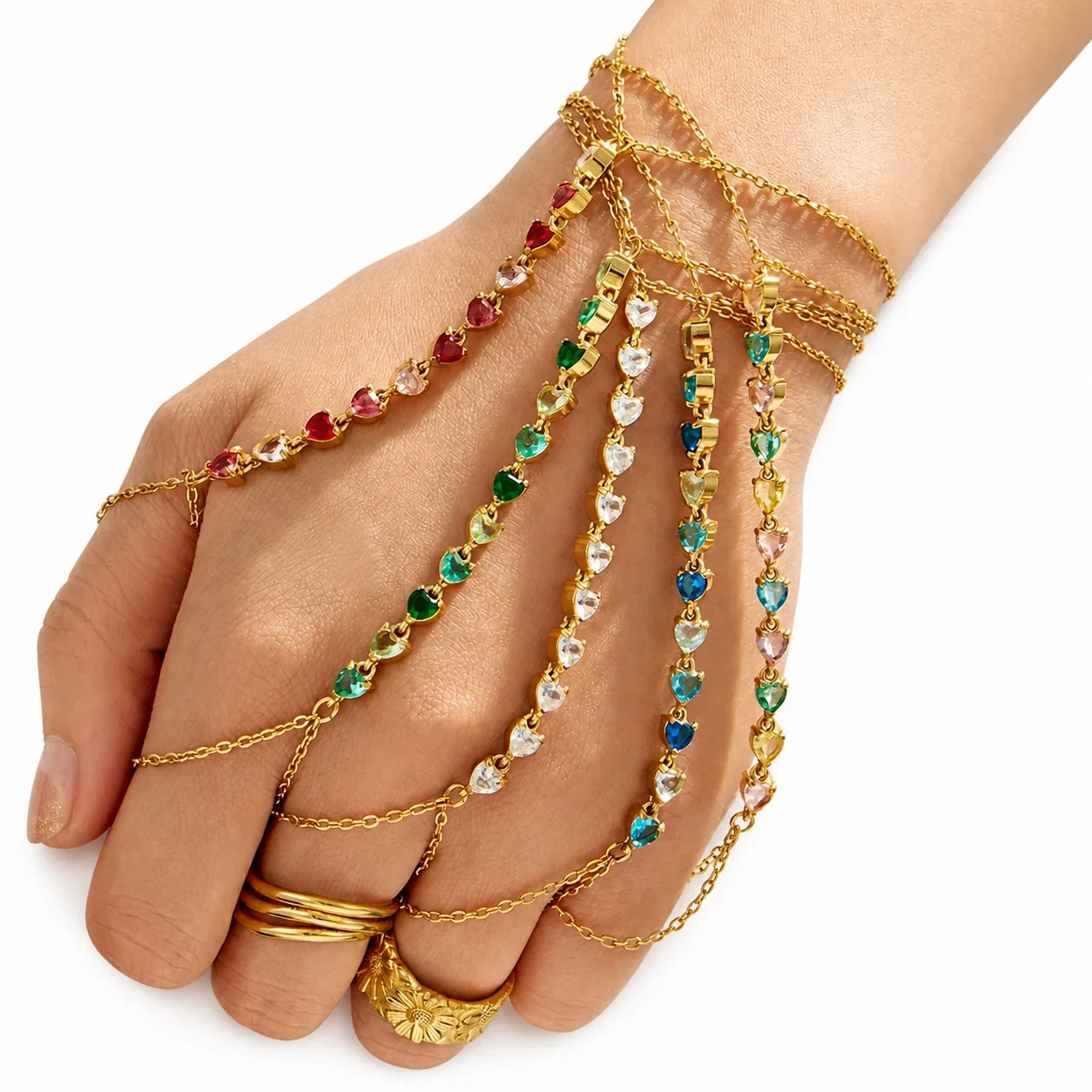 Radiant Gold-Plated Heart CZ Finger Chain Bracelet