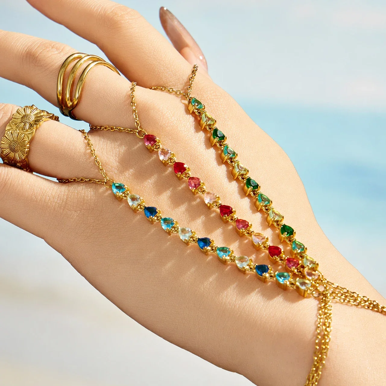 Radiant Gold-Plated Heart CZ Finger Chain Bracelet