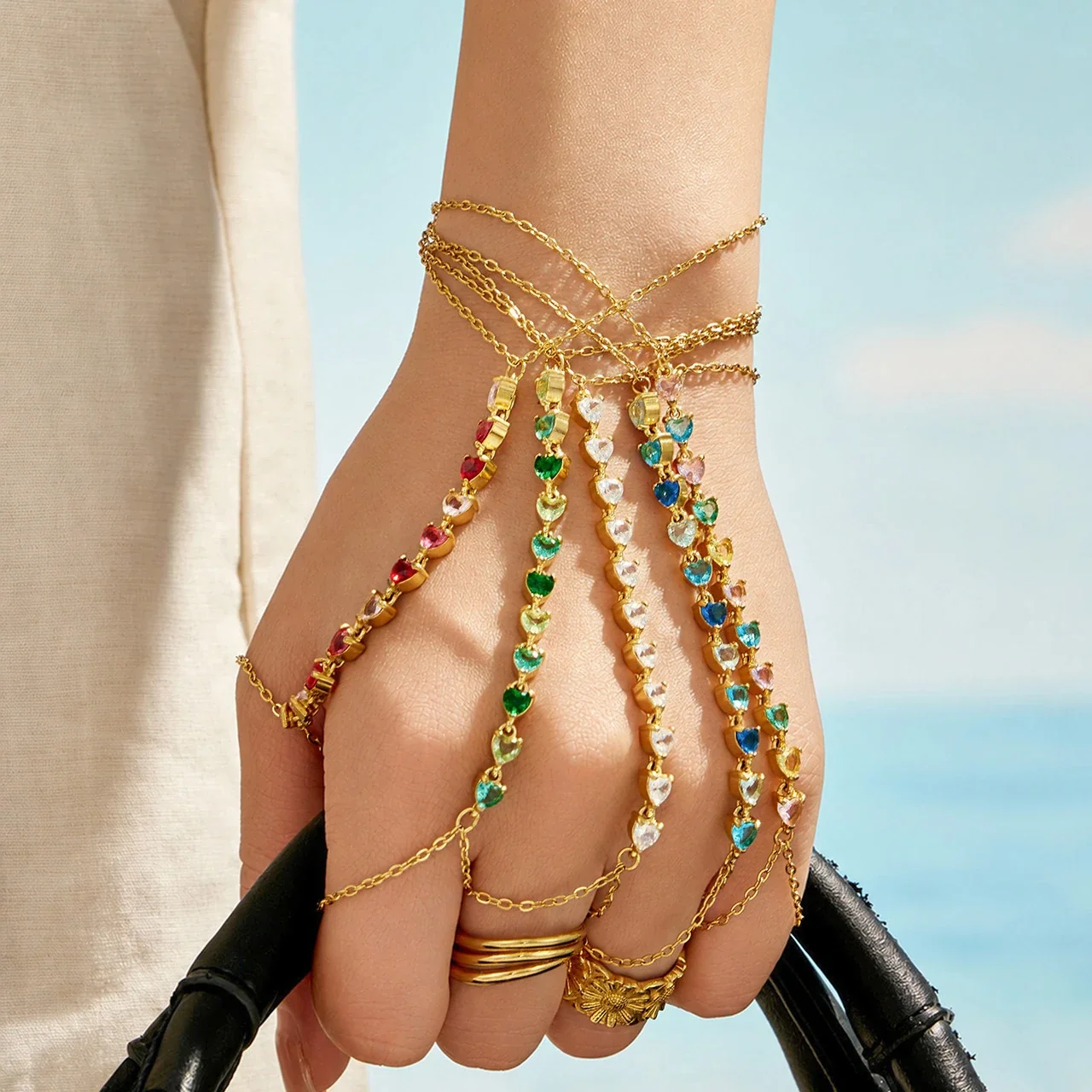 Radiant Gold-Plated Heart CZ Finger Chain Bracelet