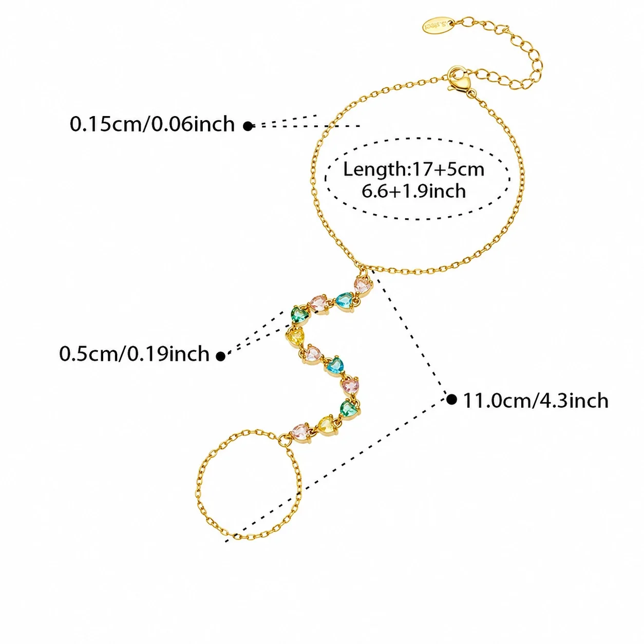 Radiant Gold-Plated Heart CZ Finger Chain Bracelet - Multicolor CZ