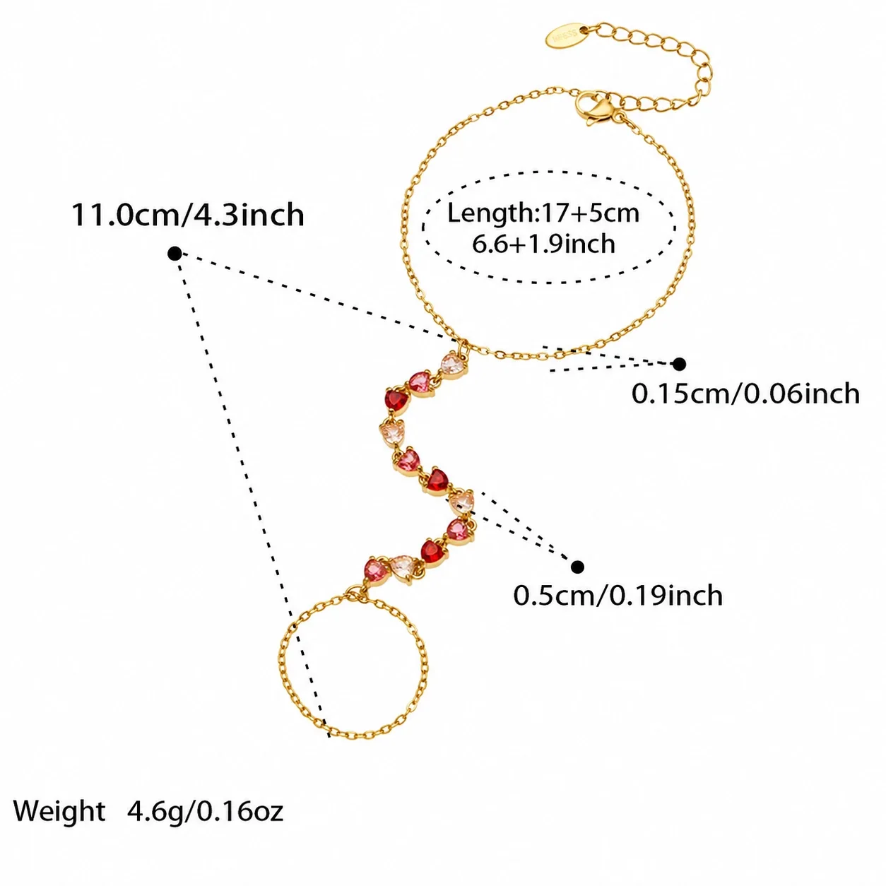 Radiant Gold-Plated Heart CZ Finger Chain Bracelet - Red CZ