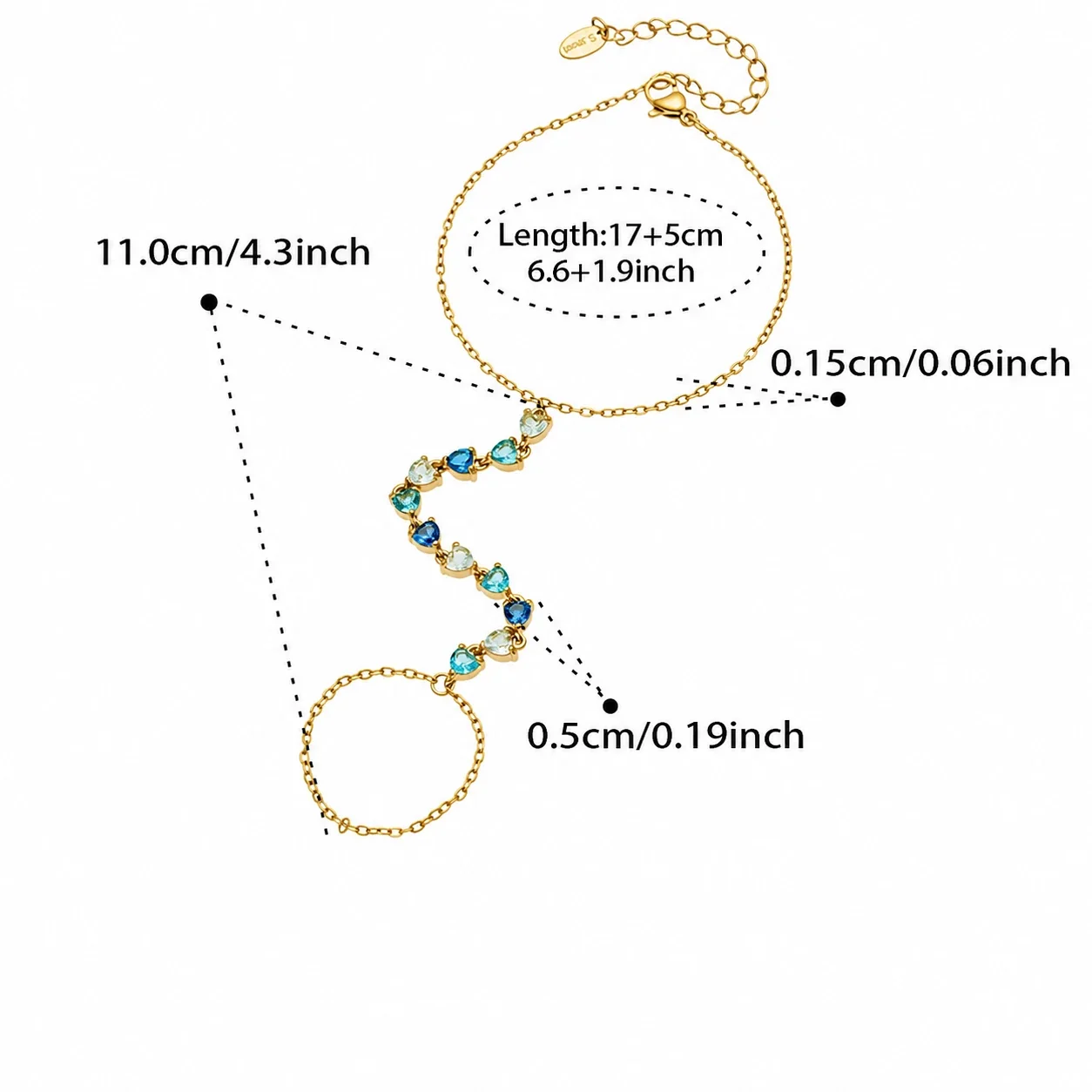 Radiant Gold-Plated Heart CZ Finger Chain Bracelet - Blue CZ