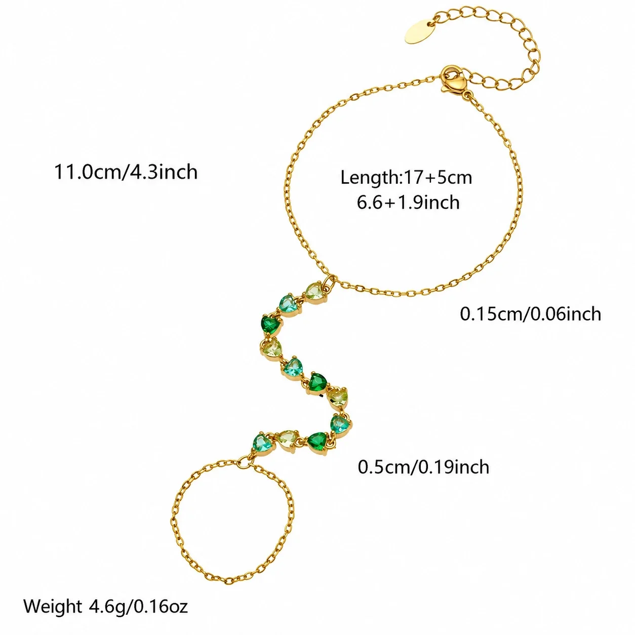 Radiant Gold-Plated Heart CZ Finger Chain Bracelet - Green CZ