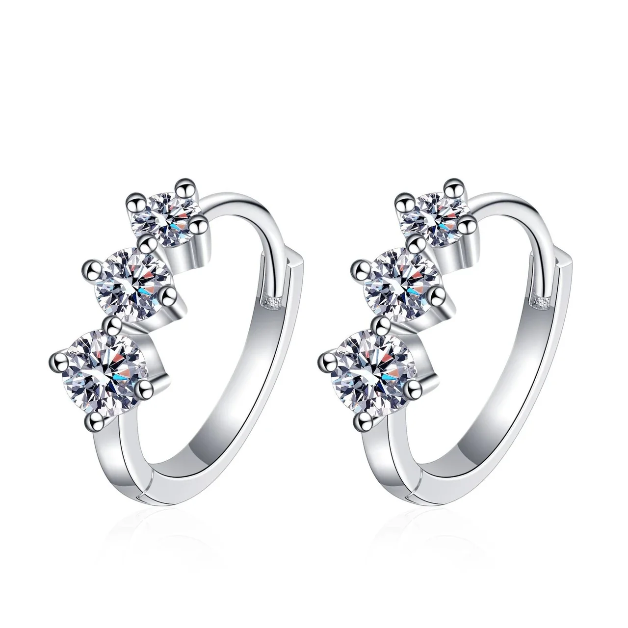 Triple Round Moissanite 925 Sterling Silver Hoop Earrings