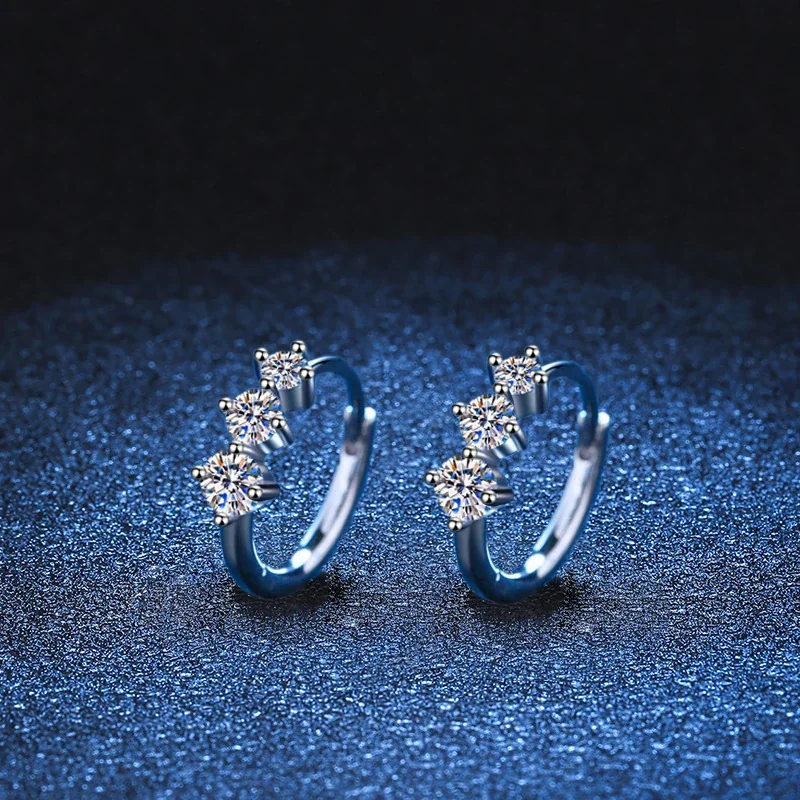 Triple Round Moissanite 925 Sterling Silver Hoop Earrings