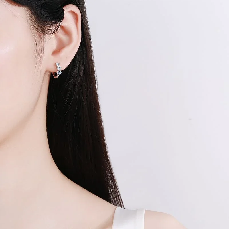 Triple Round Moissanite 925 Sterling Silver Hoop Earrings