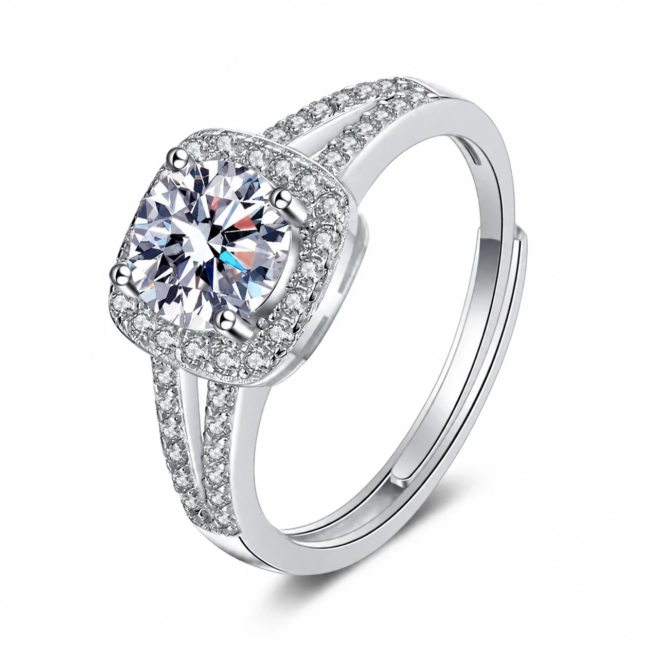Cushion Moissanite Halo Split-Shank 925 Sterling Silver Ring