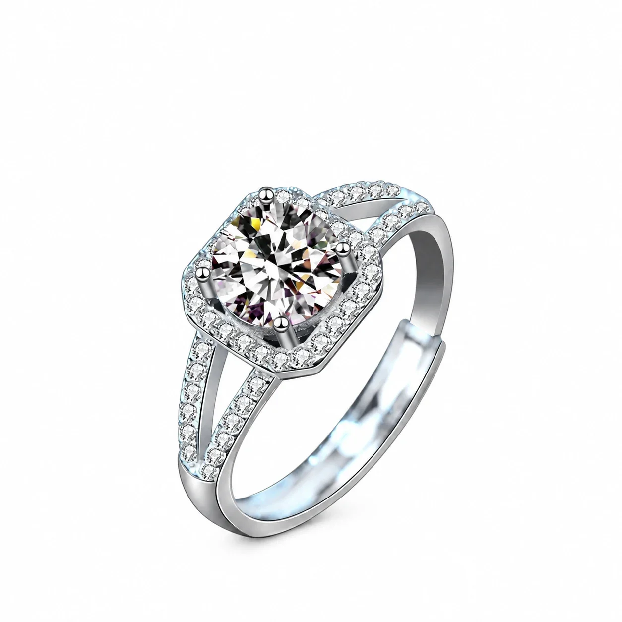 Cushion Moissanite Halo Split-Shank 925 Sterling Silver Ring