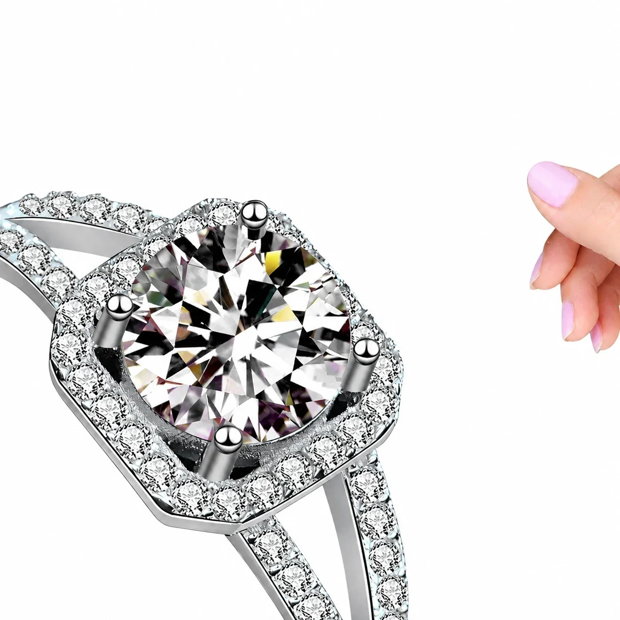 Cushion Moissanite Halo Split-Shank 925 Sterling Silver Ring