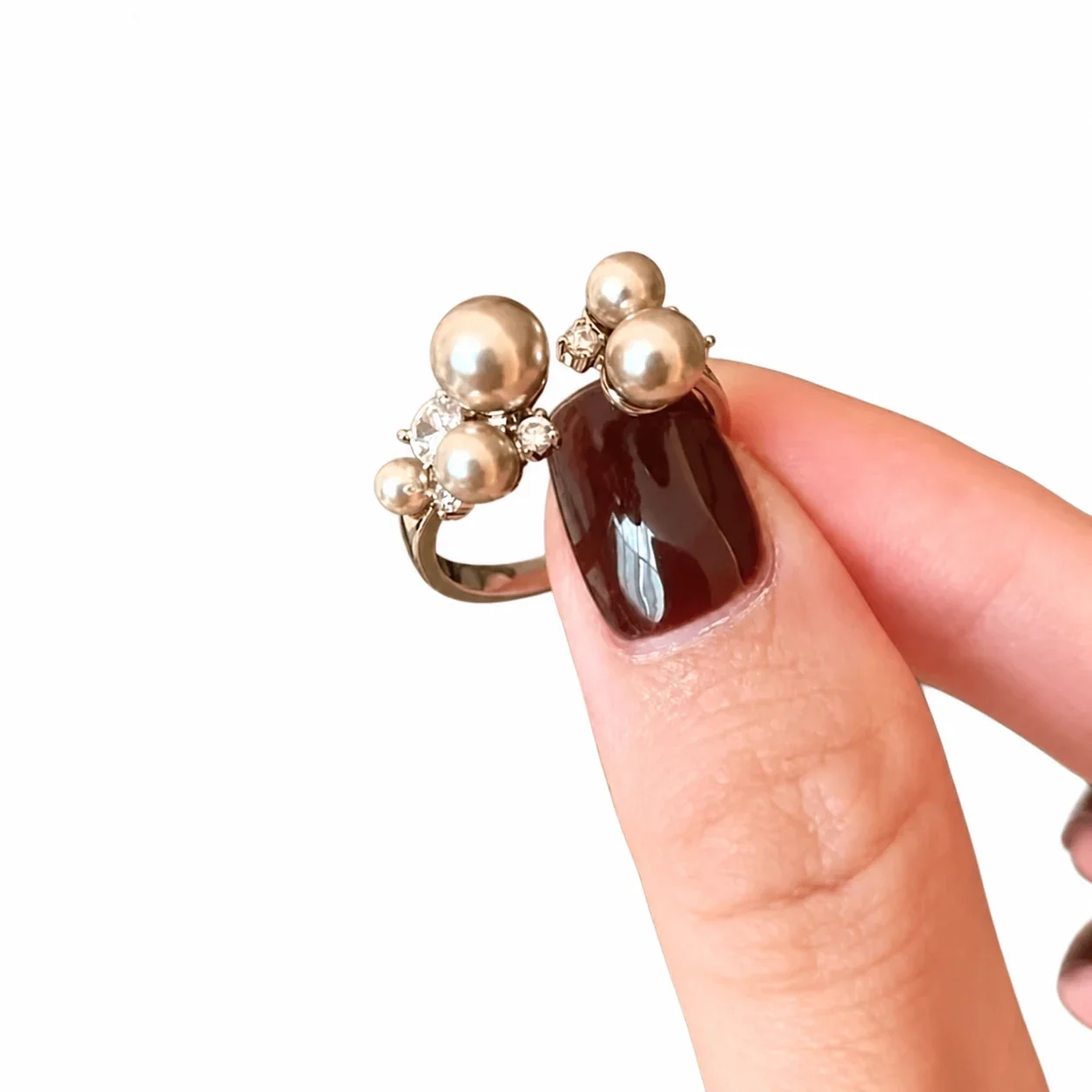 Sculptural Silver-Plated Five-Pearl CZ Open Ring