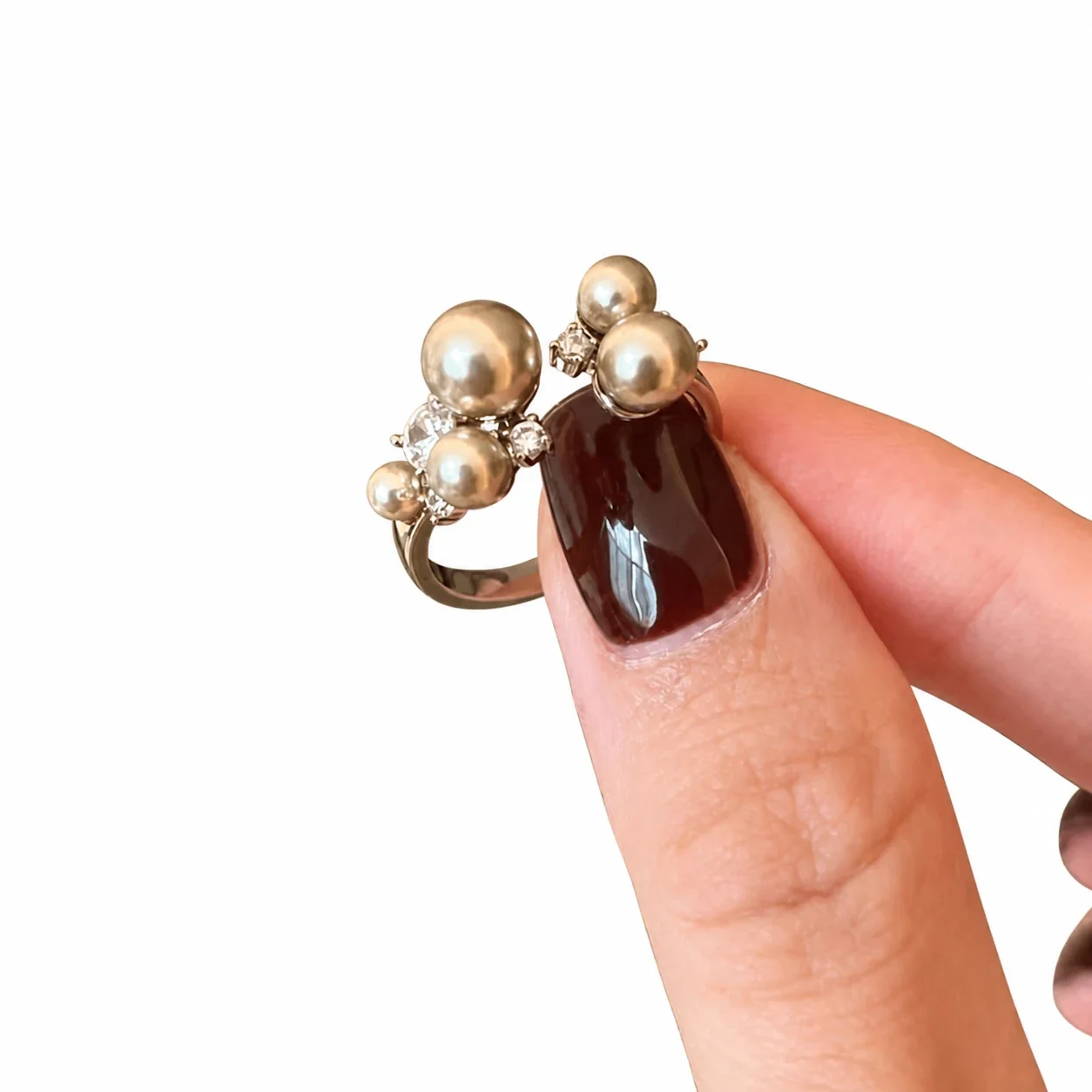 Sculptural Silver-Plated Five-Pearl CZ Open Ring