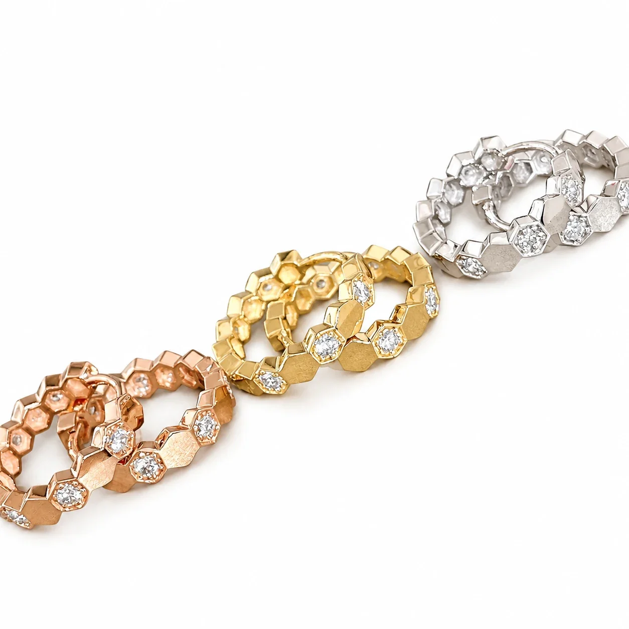 Geometric Copper Hexagon Bezel-Set Stone Hoop Earrings
