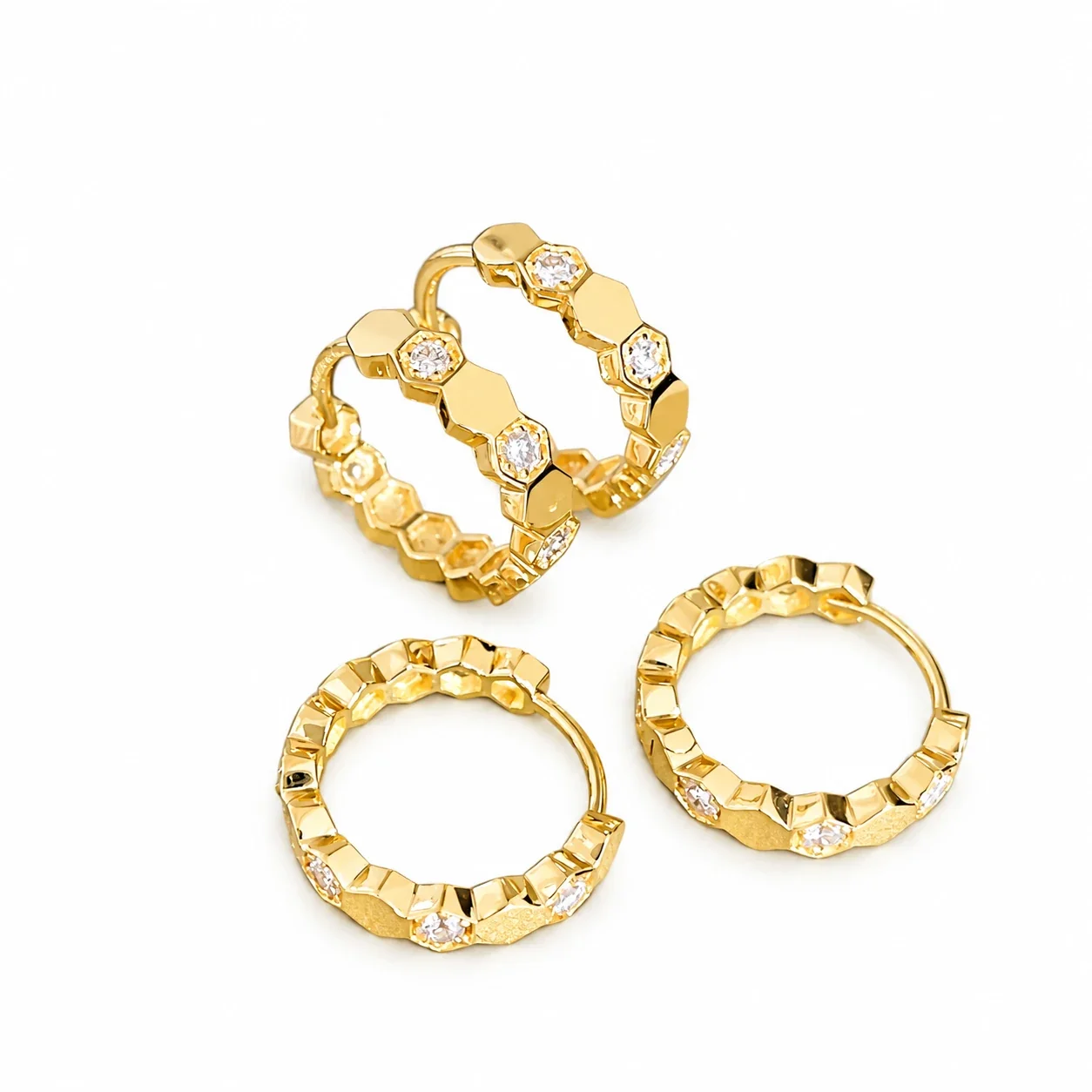 Geometric Copper Hexagon Bezel-Set Stone Hoop Earrings - Gold Pair
