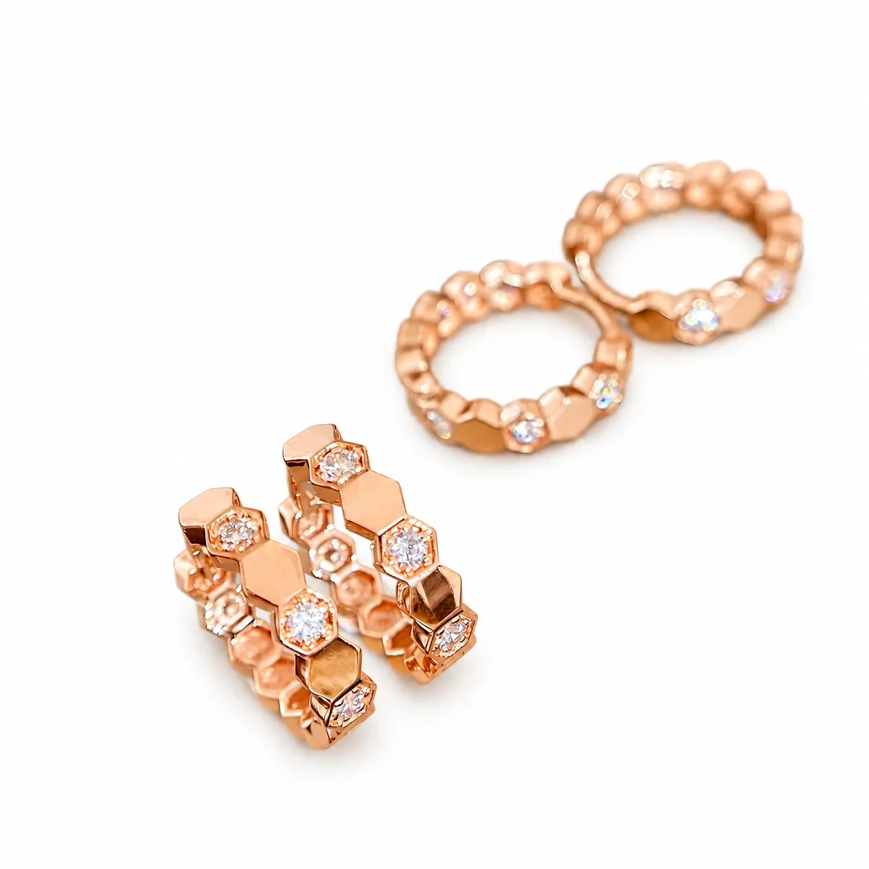 Geometric Copper Hexagon Bezel-Set Stone Hoop Earrings - Rose Gold Pair