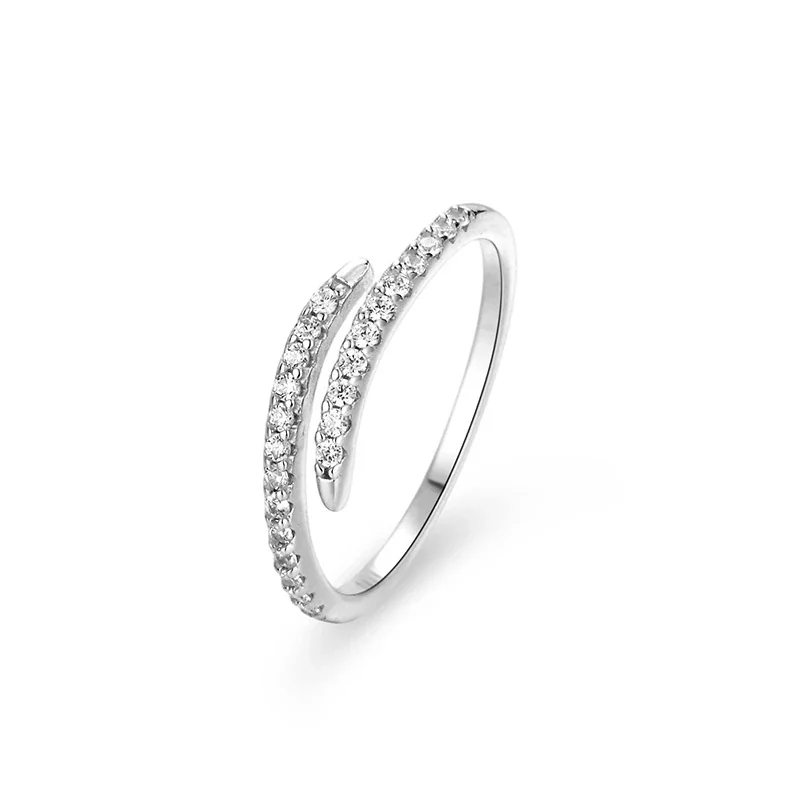 Sleek 925 Sterling Silver Double-Row Pavé Open Ring - Silver