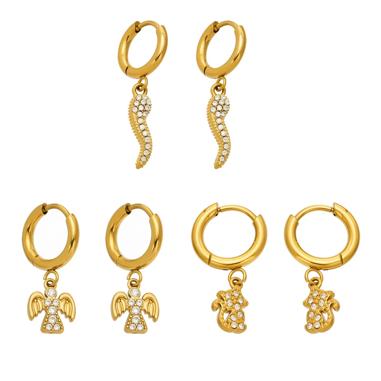 Playful Stainless Steel CZ Angel Cat Hoop Earrings