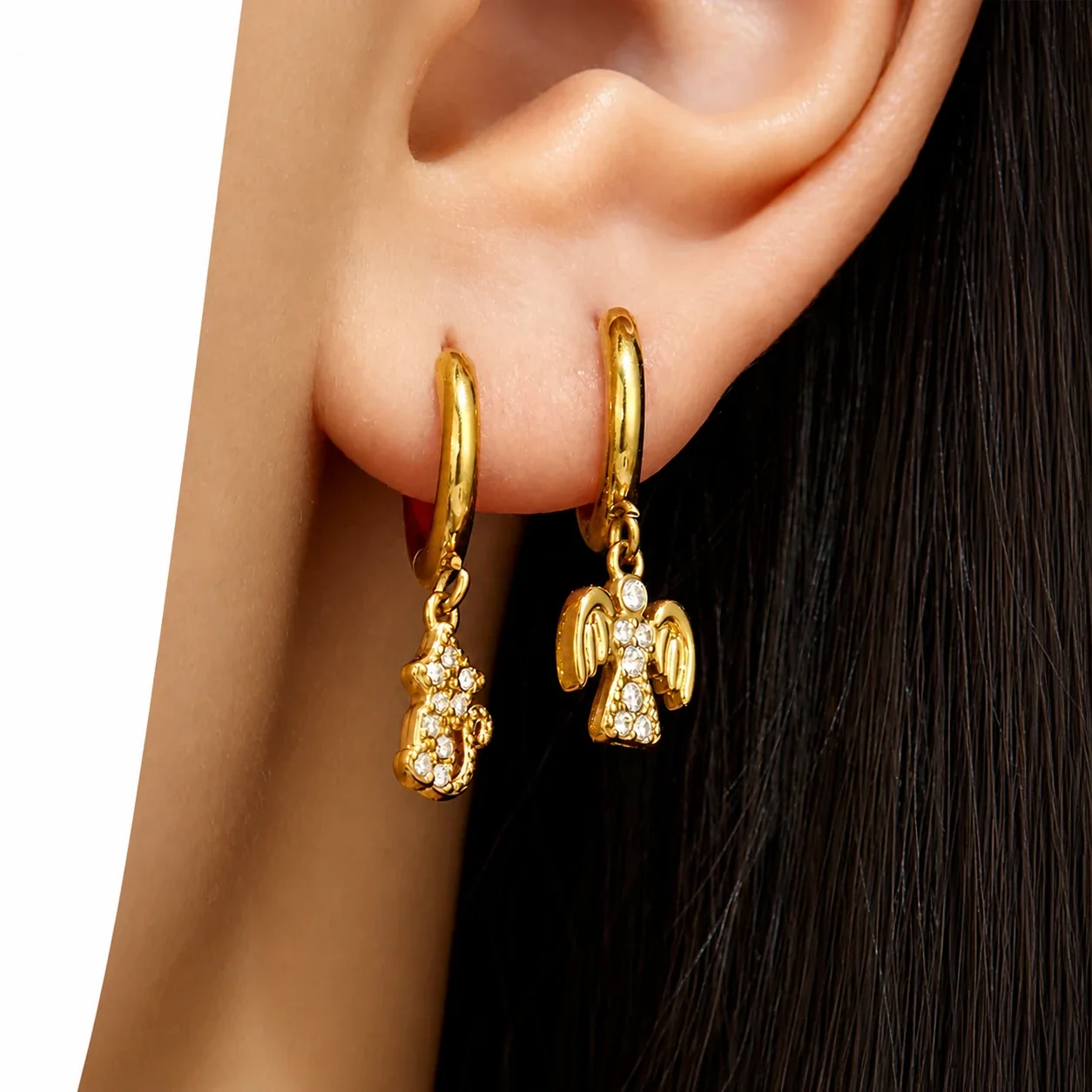 Playful Stainless Steel CZ Angel Cat Hoop Earrings