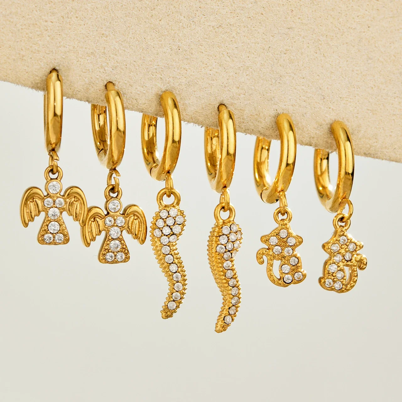 Playful Stainless Steel CZ Angel Cat Hoop Earrings