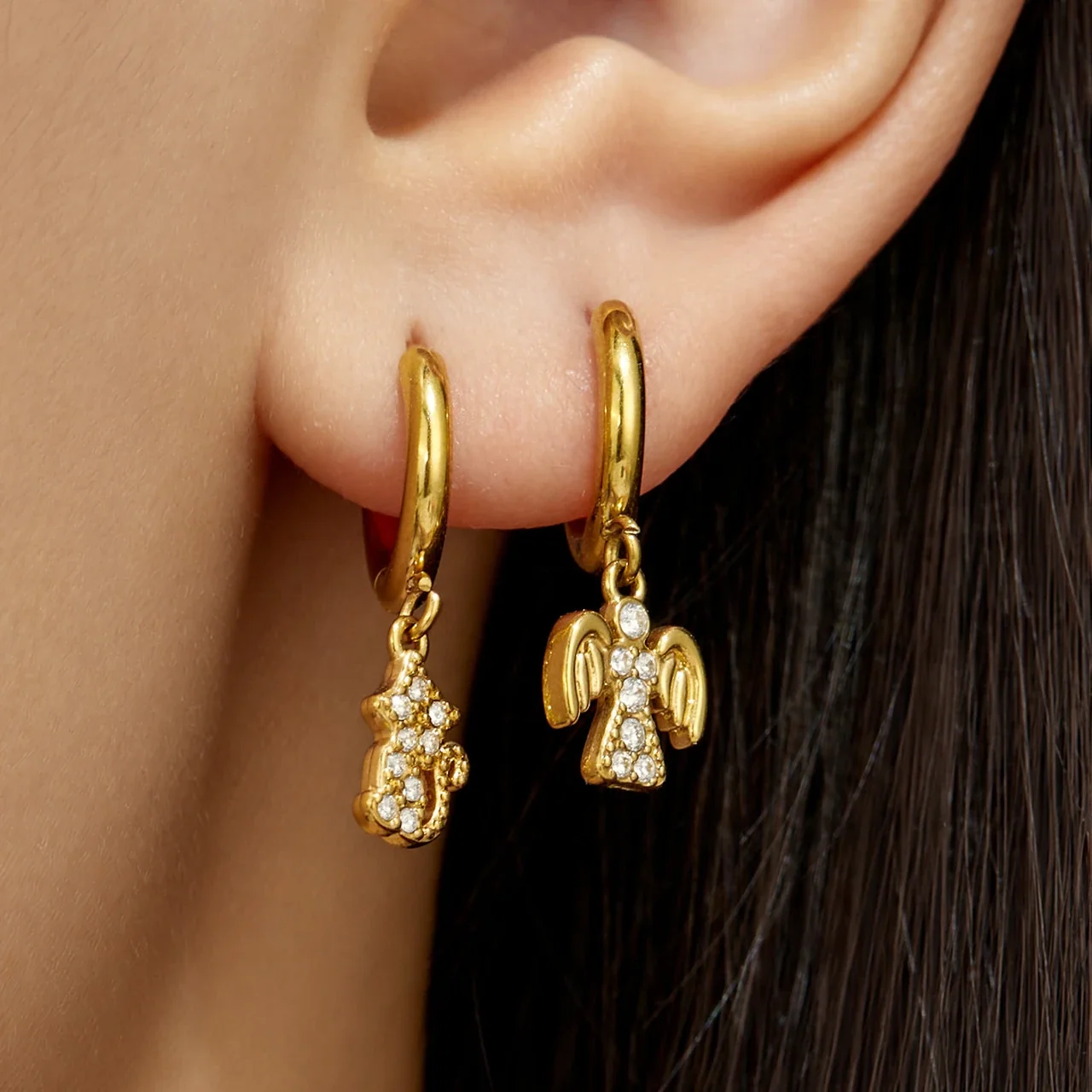 Playful Stainless Steel CZ Angel Cat Hoop Earrings