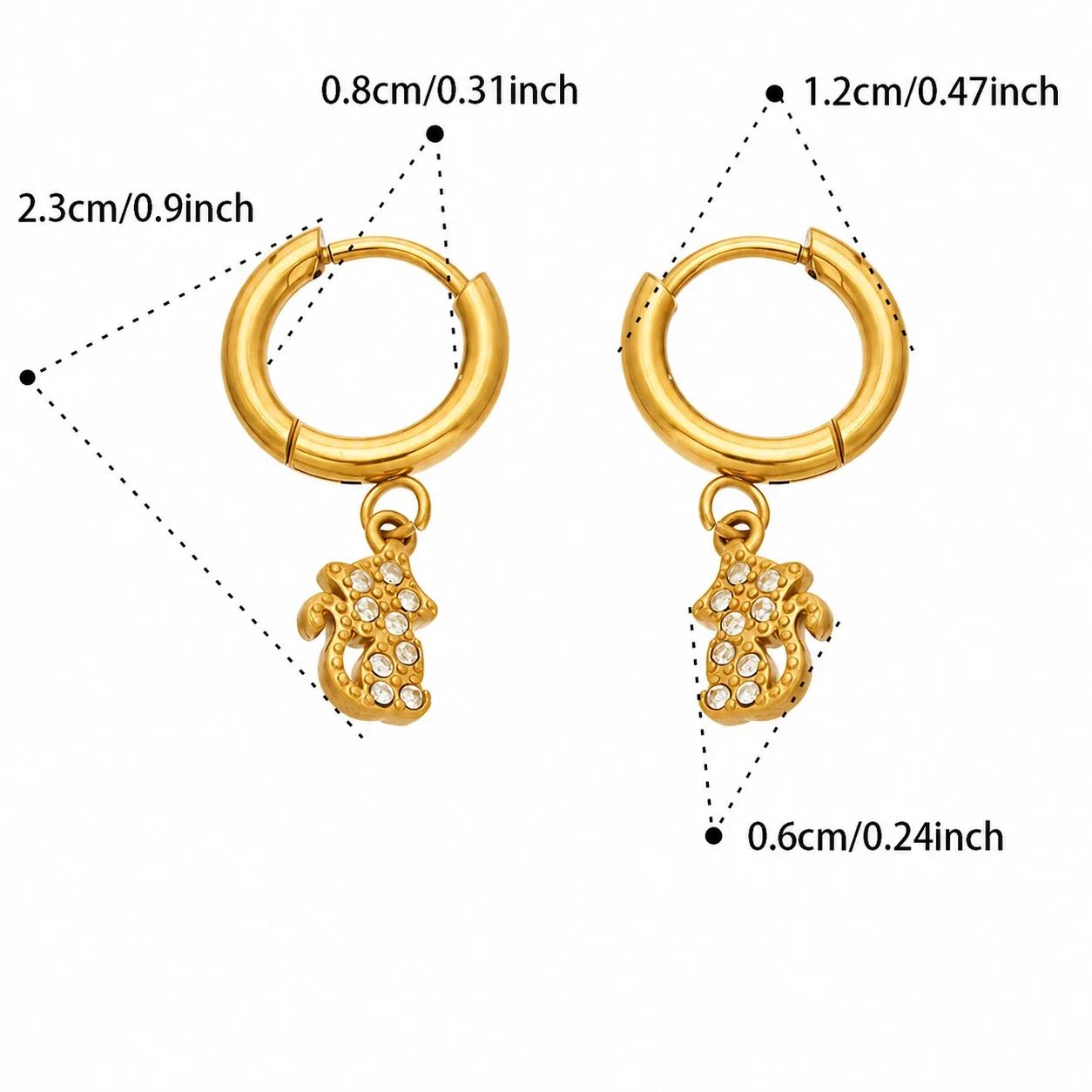 Playful Stainless Steel CZ Angel Cat Hoop Earrings - Gold Cat CZ