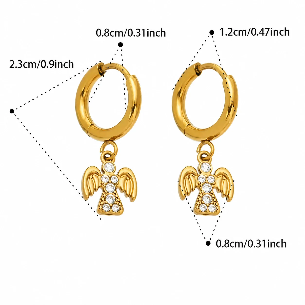 Playful Stainless Steel CZ Angel Cat Hoop Earrings - Gold Angel CZ