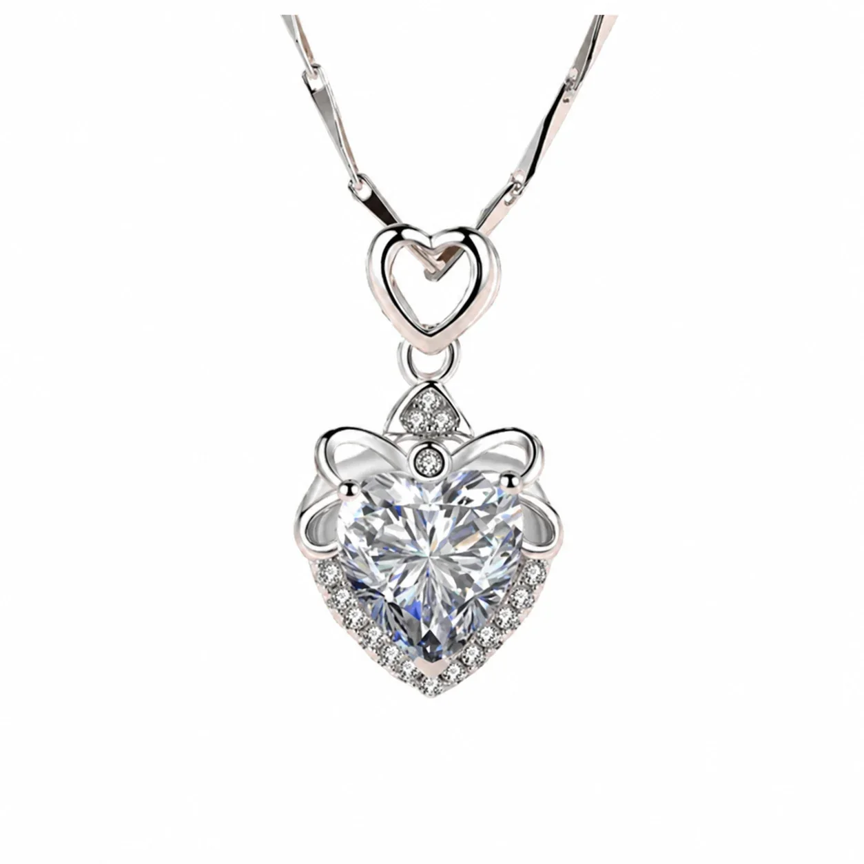 Ornate 925 sterling silver Ribbon-Frame Heart Pendant Necklace - White Heart