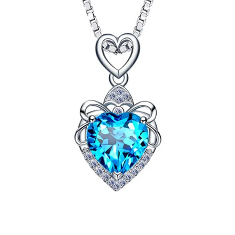 Ornate 925 sterling silver Ribbon-Frame Heart Pendant Necklace - Blue Heart