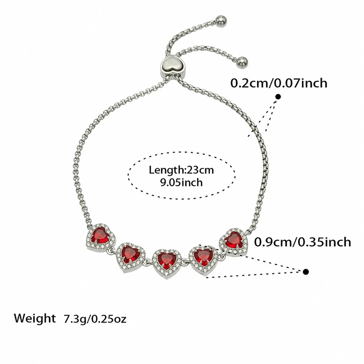 Radiant Heart CZ Halo Stainless Steel Bolo Bracelet - Silver Red CZ
