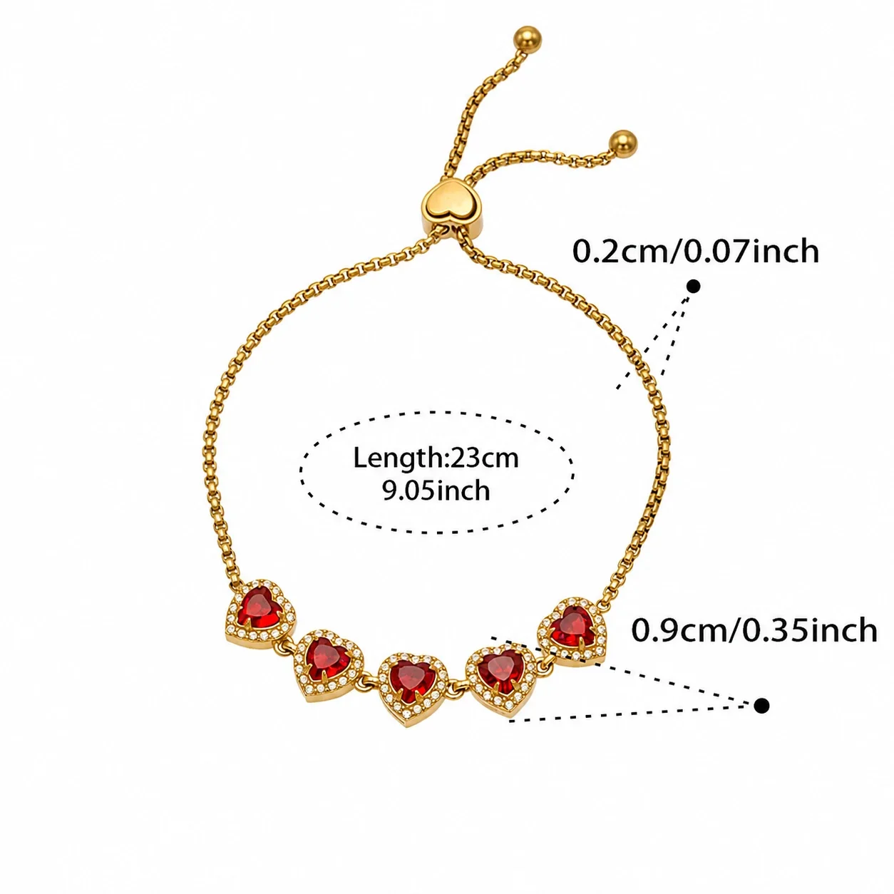 Radiant Heart CZ Halo Stainless Steel Bolo Bracelet - Gold Red CZ