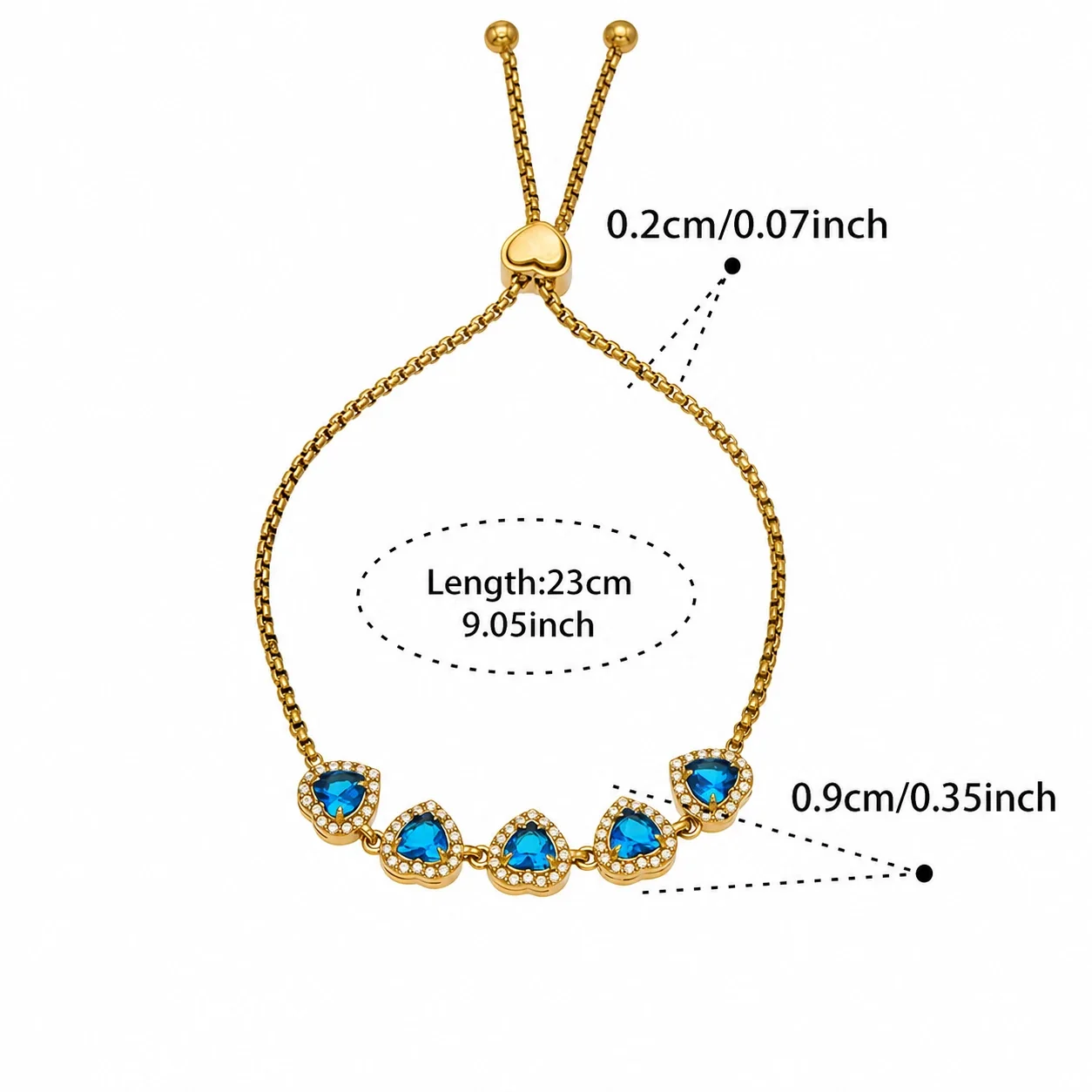 Radiant Heart CZ Halo Stainless Steel Bolo Bracelet - Gold Blue CZ