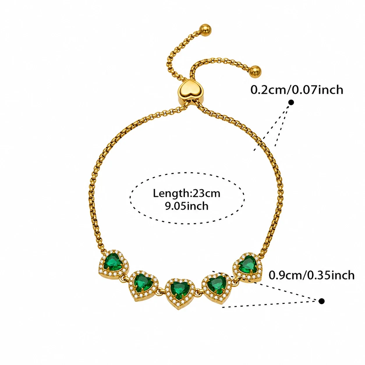 Radiant Heart CZ Halo Stainless Steel Bolo Bracelet - Gold Green CZ