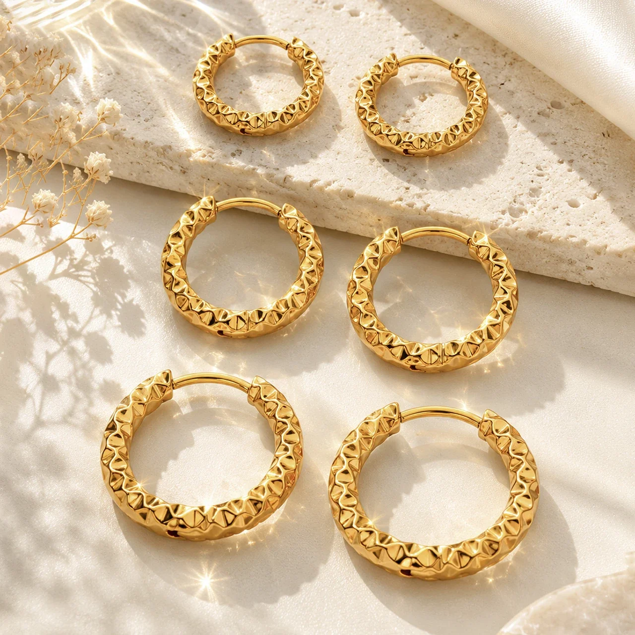 Faceted 18K Gold-Plated Stainless Steel Hoop Earrings