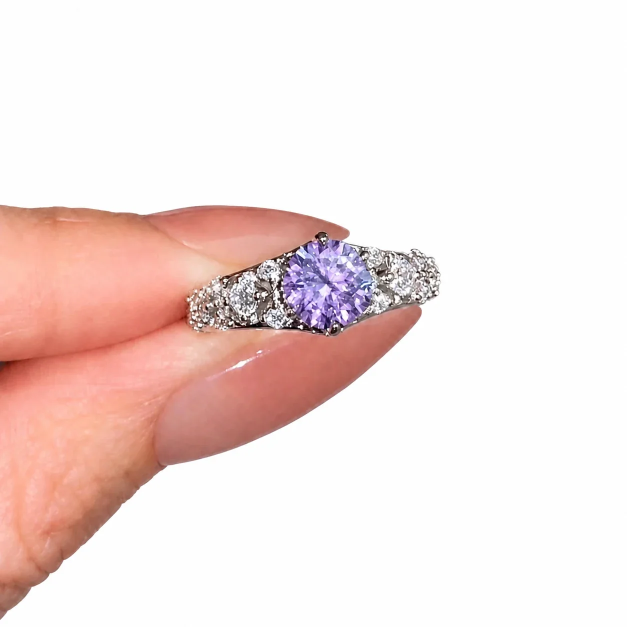 Violet Round Crystal Silver-Plated Copper Pavé Open Ring