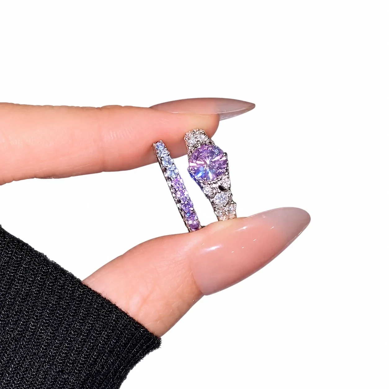Violet Round Crystal Silver-Plated Copper Pavé Open Ring