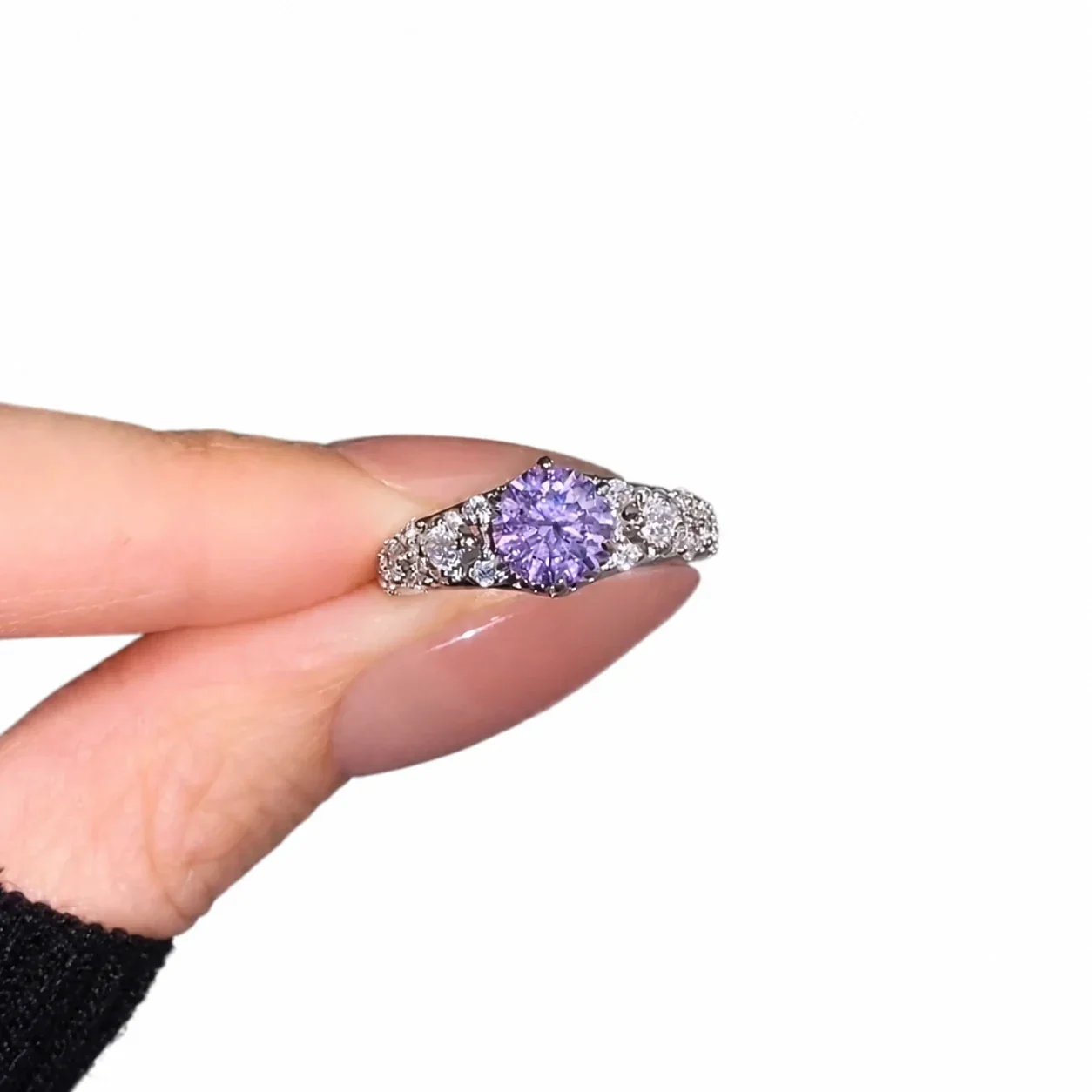 Violet Round Crystal Silver-Plated Copper Pavé Open Ring