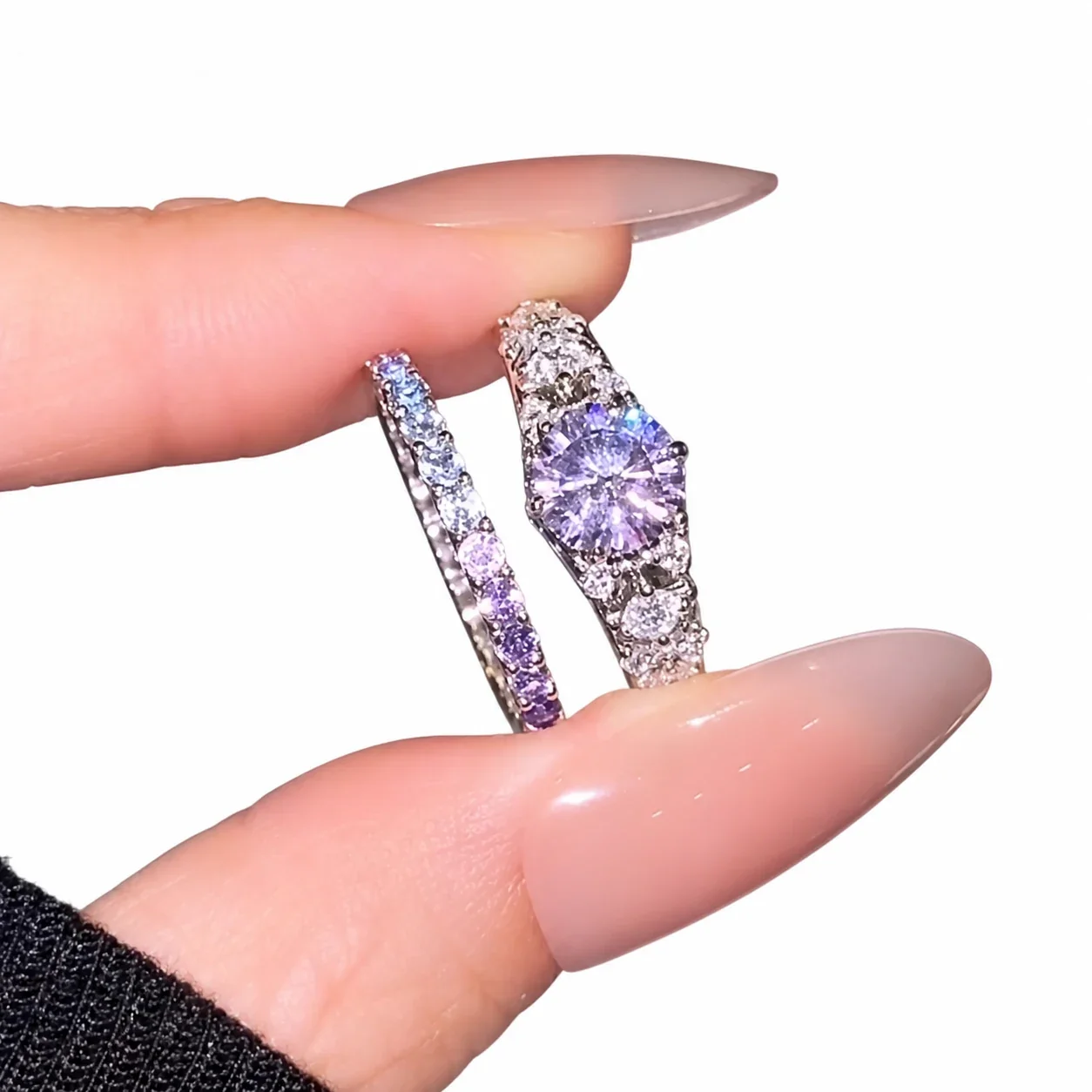 Violet Round Crystal Silver-Plated Copper Pavé Open Ring