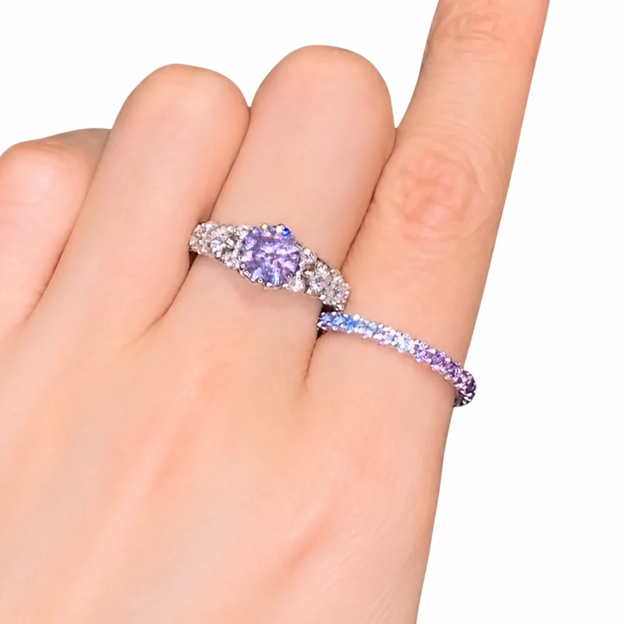 Violet Round Crystal Silver-Plated Copper Pavé Open Ring